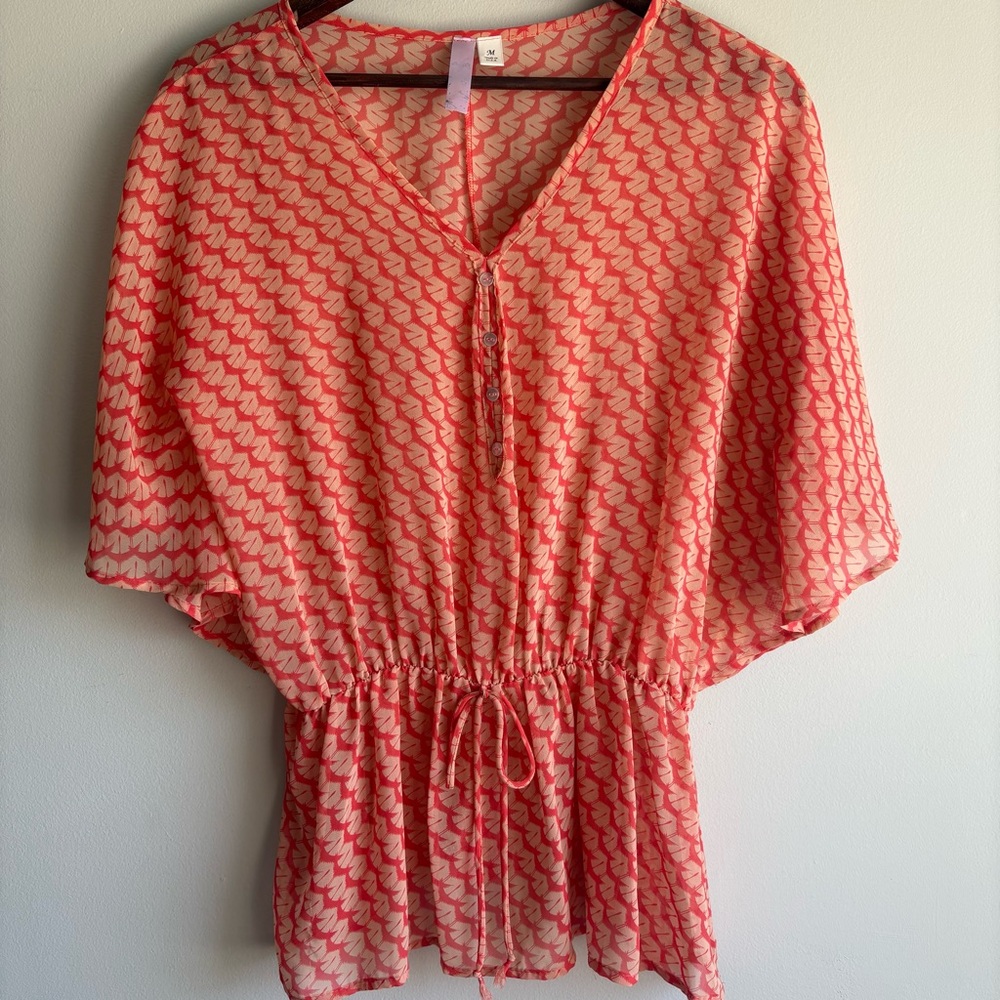 Orange Boho Blouse Flutter Sleeve Peplum Waist Flowy Top Medium